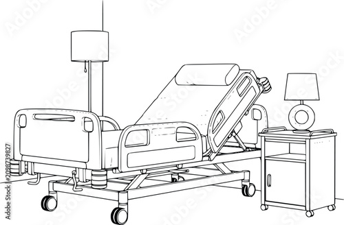 Hospital Bed Stretcher Illustration with Side Rails, Iv Pole, and Medical Lamps, Linear Outline Drawing for Healthcare Concept Design