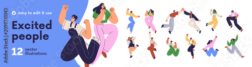 Excited people jumping, celebrating success set. Happy male and female charac...