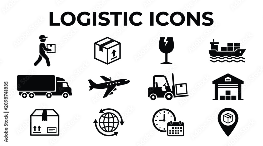 Fototapeta premium Black logistic and shipping industry flat icon set.