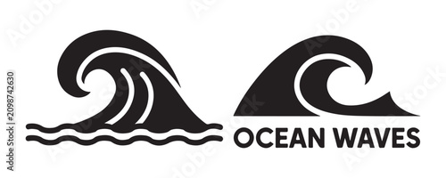 Canvas Print Ocean wave icons set with black silhouettes of water crests surfing graphic elements on white background