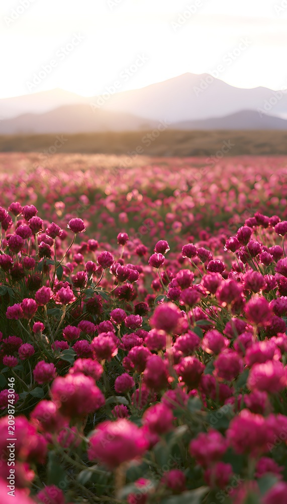 Obraz premium Serene magenta clover field meets distant peaks bathed in golden sunset light peaceful landscape
