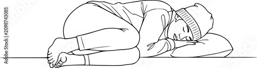 Bengal Cat Resting on Cushion with Striped Blanket, Line Art Illustration for Cozy Home Mood and Pet Care Design