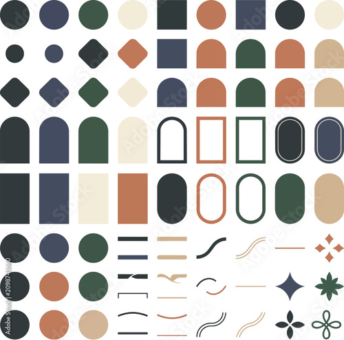 Trendy Abstract Geometric Shapes and Organic Line Elements in a Cohesive Muted Color Palette, Offering Versatile Design Assets for Modern Visual Projects and Branding