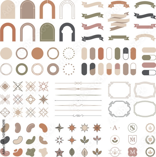 Large collection of bohemian design elements with arches, ribbons, frames, and geometric shapes