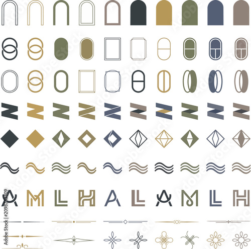 Collection of Minimalist Geometric Vector Line Art Logos and Ornamental Graphic Design Elements