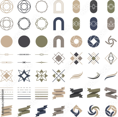 Collection of minimalist geometric logos, frames, dividers, and ribbons in neutral tones for professional branding