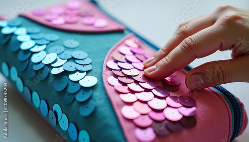 Colorful sequin pencil case with textured design and playful interaction