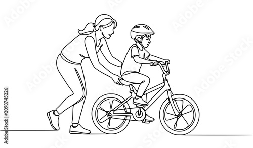 Mother teaching young boy to ride bicycle continuous one line drawing vector family parenting icon