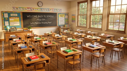 Bright and welcoming classroom decorated for the first day of school with natural sunlight streaming through large windows colorful educational posters a blackboard with a welcoming message student