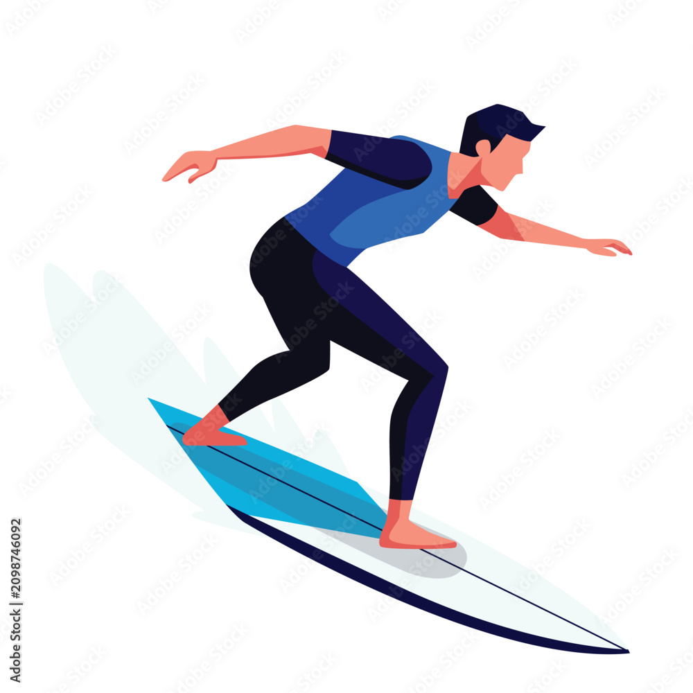 Fototapeta premium Stylized illustration of a man in a wetsuit surfing a wave, captured from a side profile with a clean, minimalist aesthetic and a vibrant blue and white color scheme