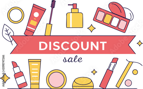 Beauty discount sale banner, colorful makeup and skincare items with a ribbon for promotion.
