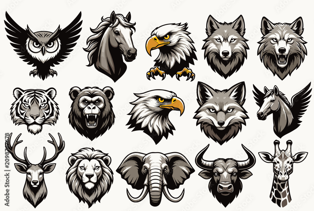 Obraz premium Large set of stylized animal head icons including predators, birds, and mammals designed for logos, mascots, or emblems.