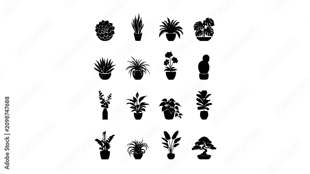 Fototapeta premium Plants in Pots Arranged in a 4x4 Grid with Various Shapes and Styles Featuring Potted, Succulents, Foliage with Greenery