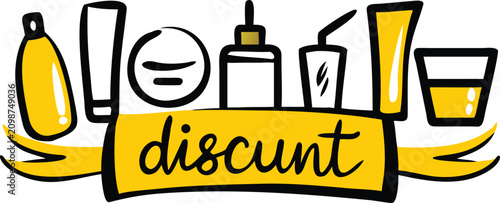 Linear cosmetics discount banner with hand drawn product icons and ribbon banner in yellow.