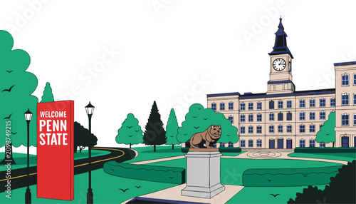 Very beautiful realistic vector illustration of the Penn State University entrance featuring a bold welcome sign reading 