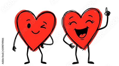 Animated heart characters laughing and gesturing with joy