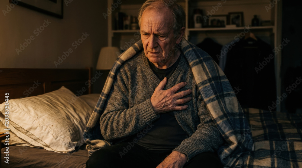 Fototapeta premium Elderly Man Experiencing Chest Pain And Discomfort While Wrapped In A Blanket