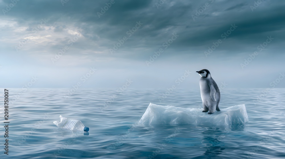 Obraz premium A lone penguin contemplates a fragile future on melting ice reflecting environmental concern