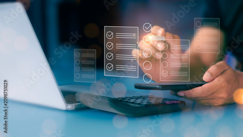 Businessman using stylus pen on smartphone checking digital tasks and online survey checklist.