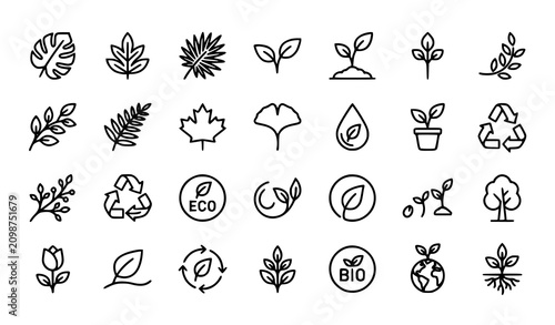 Foto Eco Nature Icon Collection Featuring Leaves Trees Plants Recycling and Botanical