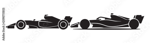 Two formula one race cars shown from side profile, one leading other.