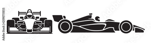 Front view formula one car and side view formula race car with driver.