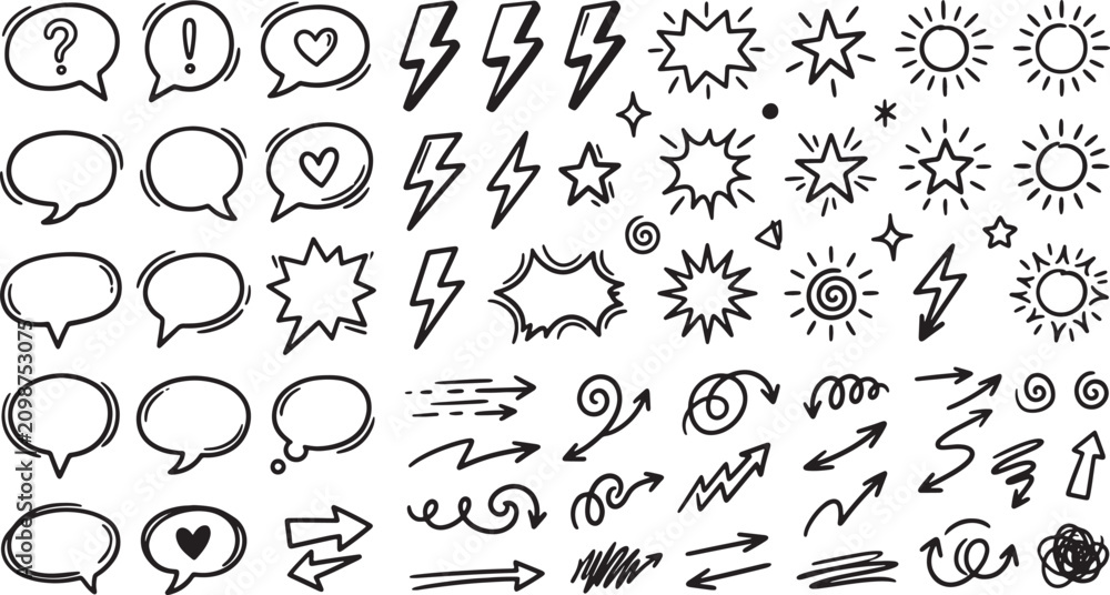 Obraz premium Hand drawn doodle set with speech bubbles arrows lightning bolts and sun icons for creative design projects