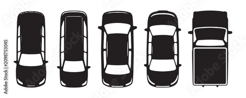 Top view car icons collection including van sedan and pickup truck.