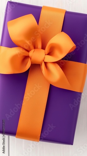 A beautifully wrapped purple gift box with an orange ribbon on a white surface