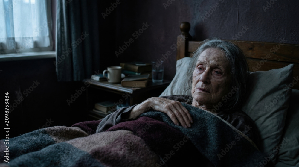 Fototapeta premium Elderly Woman Lying In Bed Feeling Ill With Somber Mood In A Dark Room