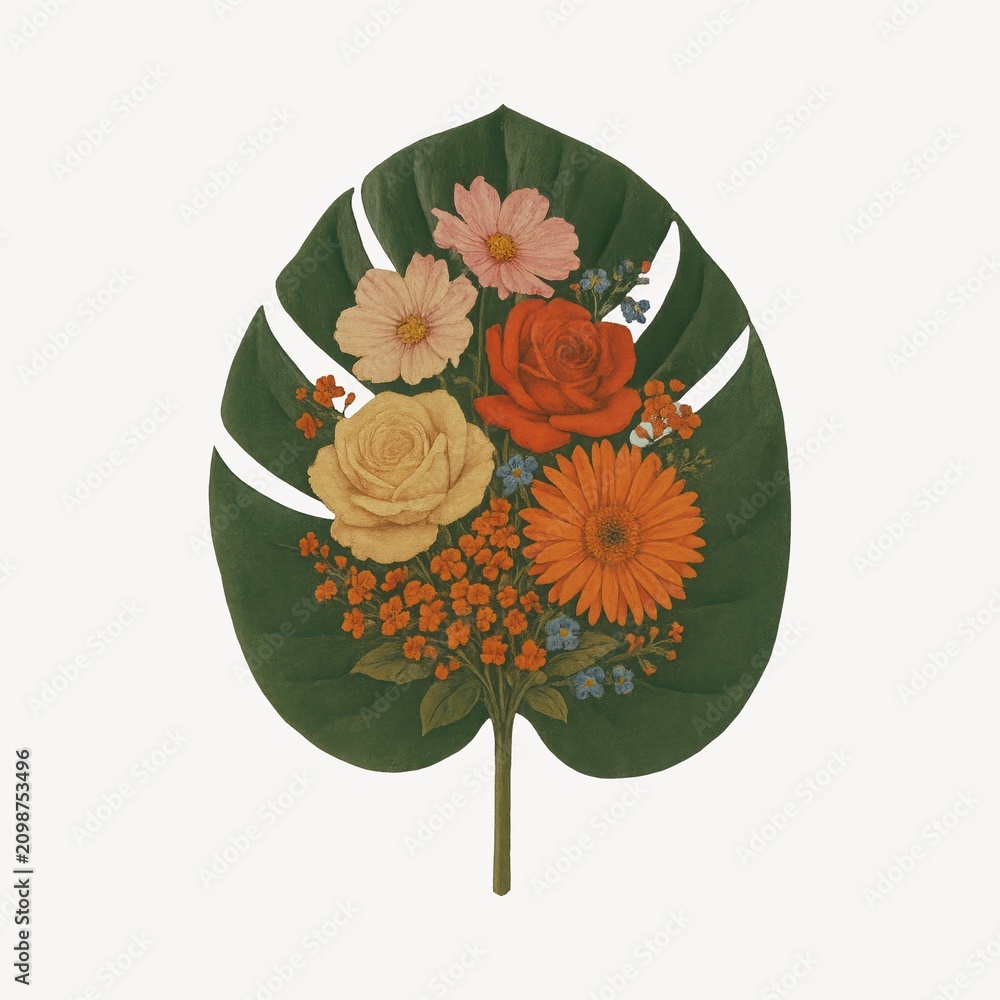 Obraz premium Vibrant floral arrangement on leaf