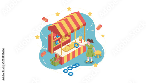 Isometric ring toss game stall at a colorful amusement park with a girl throwing rings