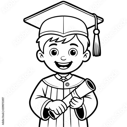 Cartoon Style Boy Graduate Holding Rolled Diploma in Graduation Cap and Gown Black Line Drawing Isolated on a Transparent or White Background