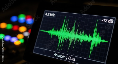 Digital Audio Waveform Display on Screen with Analyzing Data Text and Mixing Console Background