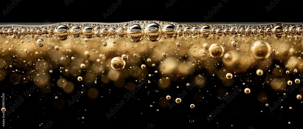 Fototapeta premium Opulent celebration concept extreme macro of golden champagne bubbles rising to the surface against dramatic black. Perfect for premium beverage, luxury event, and beauty brand campaigns.