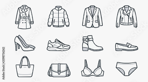 Fotografie Creative Minimalist Line Drawing Set of Women s Fashion Accessories and Clothing