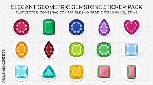 Bild auf Leinwand Elegant geometric gemstone sticker pack with colorful icons on grid background