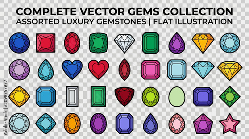 Foto Vector gems collection showcases assorted luxury gemstones in a flat illustration style