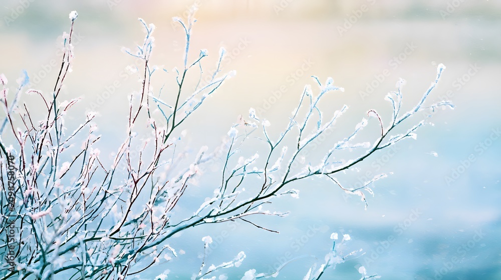 Obraz premium Frosted winter branches glow serene over a blue lake tranquil scene evokes peaceful nature beauty