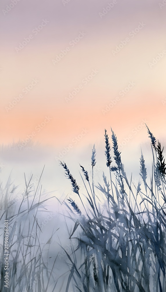Obraz premium Serene sunrise landscape watercolor illustration evokes peaceful contemplation of nature's gentle beauty
