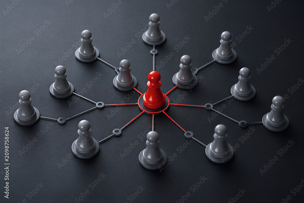 Fototapeta premium Red chess pawn connected to network of chess pieces for leadership and business strategy concept