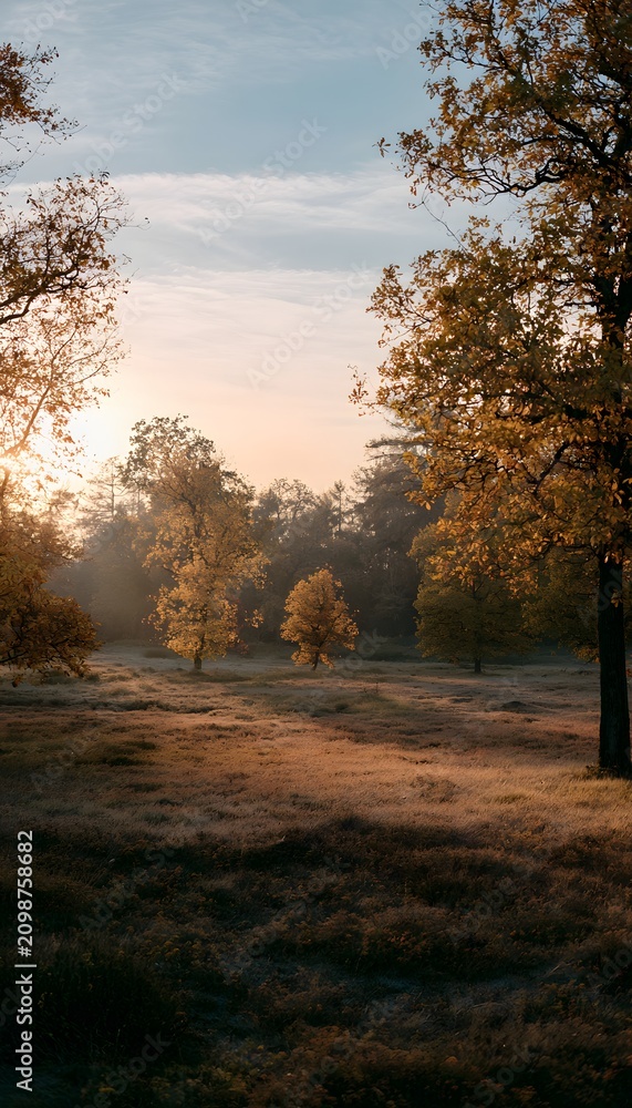 Fototapeta premium Autumn landscape bathed in golden hour light evokes peaceful serenity and warm vibrant beauty