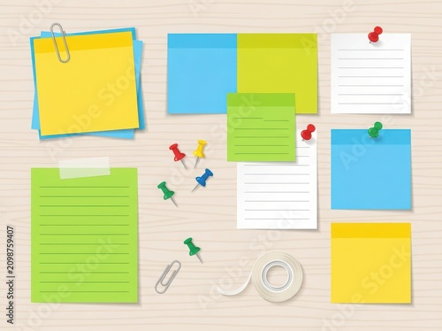 Colorful sticky notes and office paper supplies with push pins and paper clips on a flat surface isolated on white background