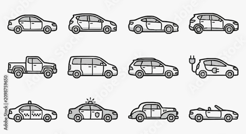 Bild auf Leinwand Creative Set of 12 Minimalist Line Drawn Vehicles Including Cars Trucks Vans Pol