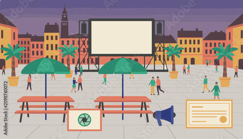 People gather at an outdoor cinema in a historical European city square at dusk