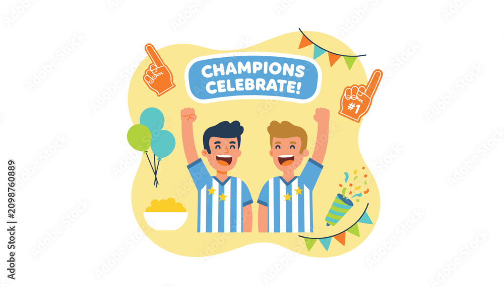 Fototapeta premium Excited young soccer players celebrating their championship victory with fans and party accessories