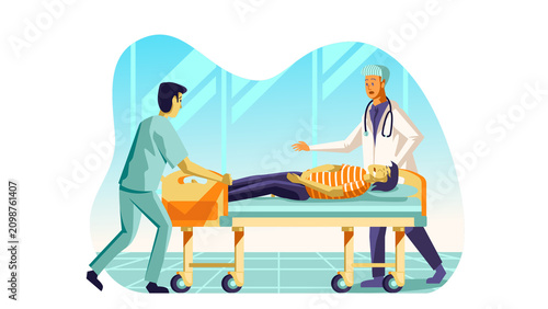 Photos Male nurses or paramedics pushing a patient on a hospital stretcher in a corrido