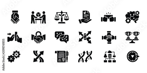 Negotiation decision strategy solid icons set, agreement conflict resolution planning editable vector
