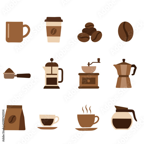 Collection of flat coffee icons including mug, takeaway cup, coffee beans, bean, scoop, French press, grinder, moka pot, coffee bag, espresso cup, hot coffee and carafe