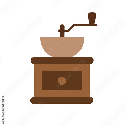 Flat manual coffee grinder icon isolated on white background. Traditional grinder illustration for coffee preparation, cafes, kitchens and barista equipment.
